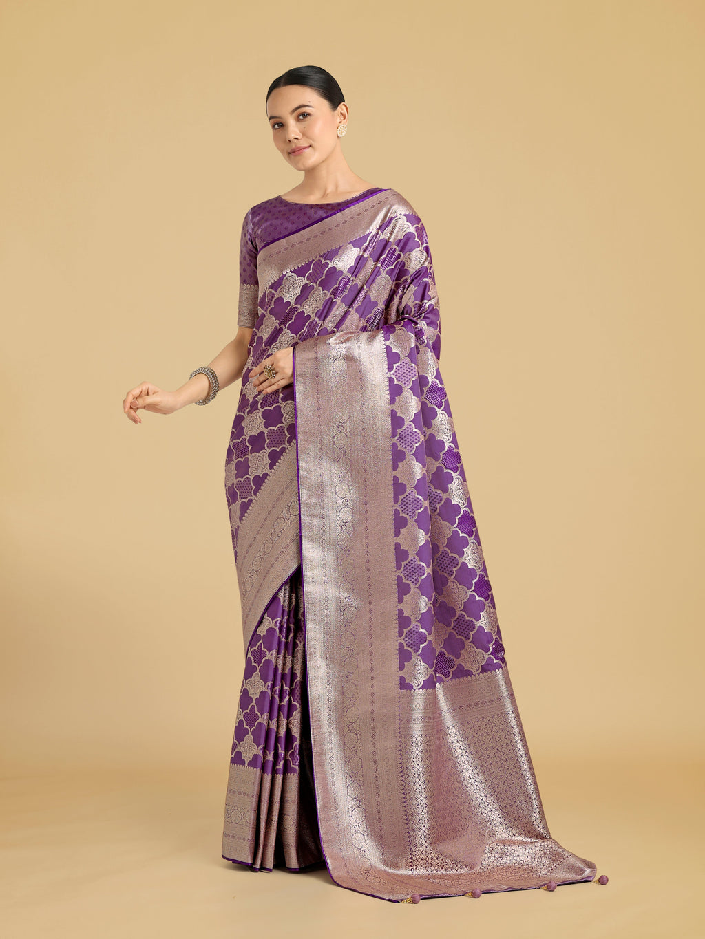 Purple Banarasi Satin Silk Saree with a rich Zari woven pallu.