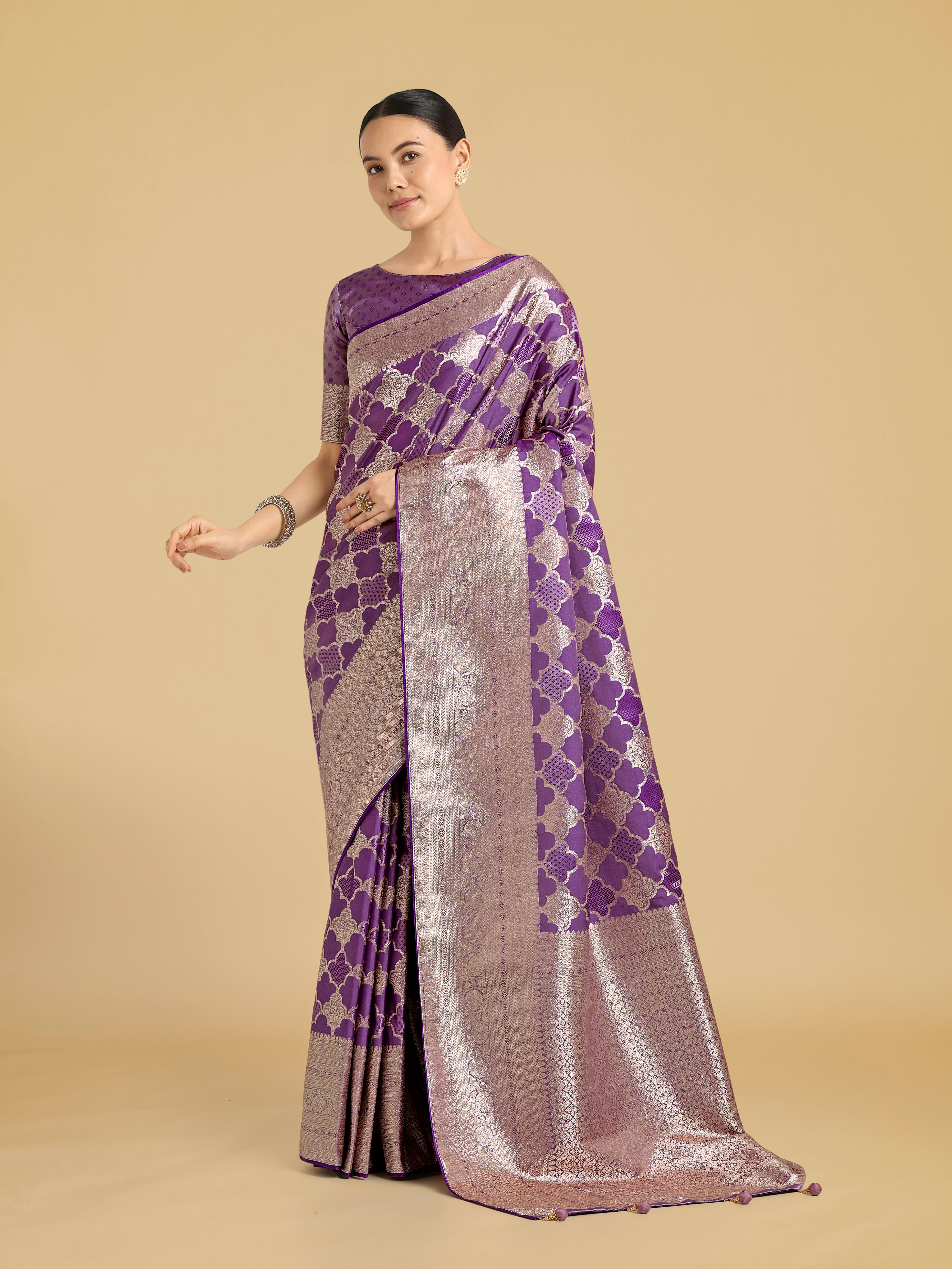 Purple Banarasi Satin Silk Saree with a rich Zari woven pallu.
