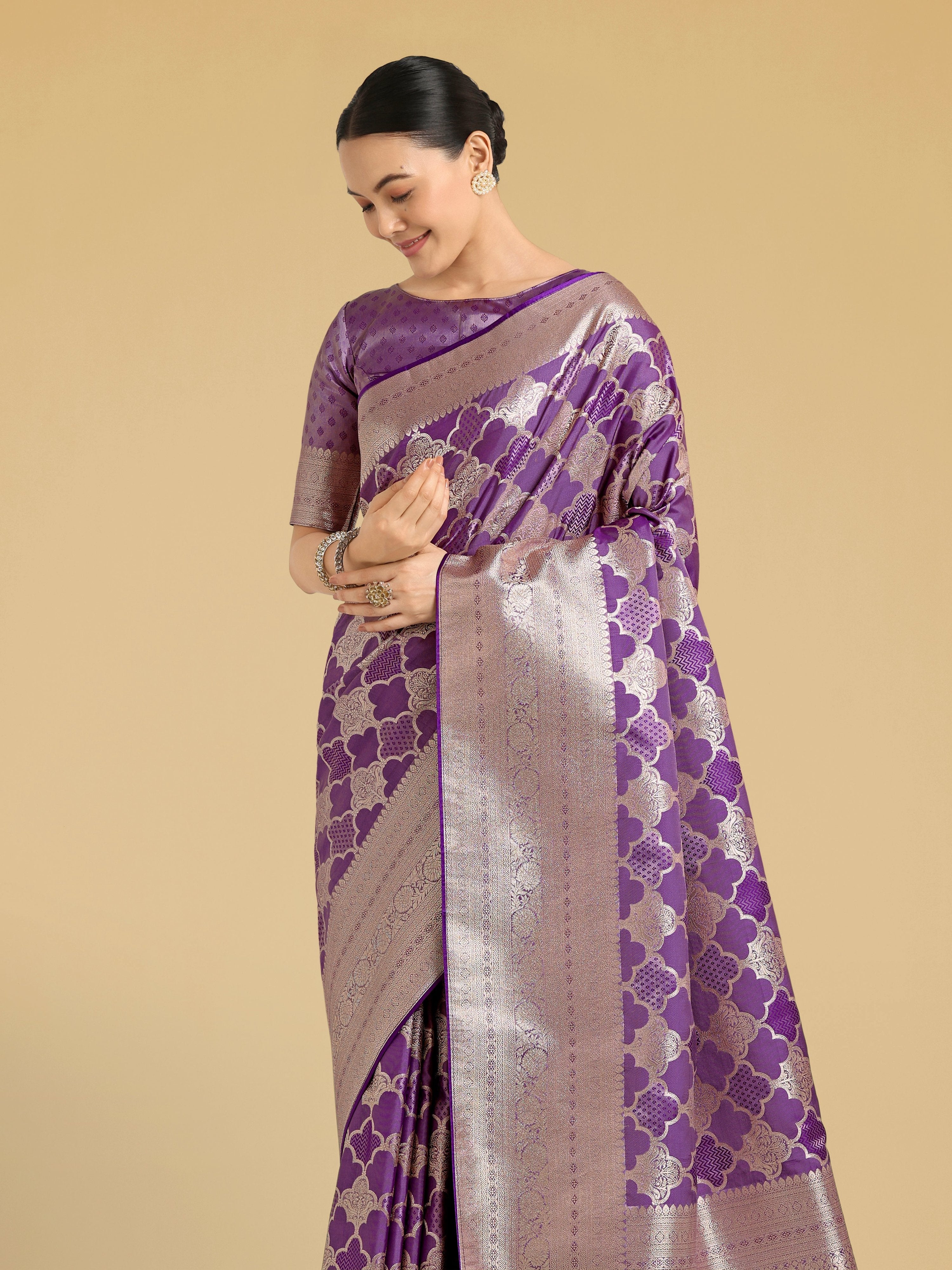 Purple Banarasi Satin Silk Saree with Rich Zari Woven Pallu