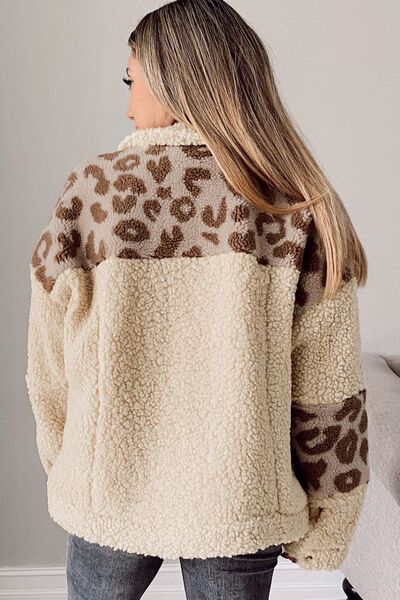 Women’s Leopard Print Sherpa Jacket with Pockets, Casual Cozy Coat