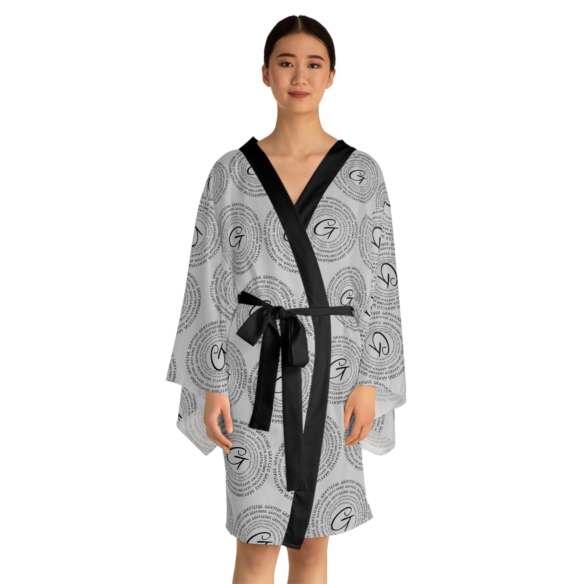Women's Long Sleeve Kimono Robe, Modern Gray & Black AOP Loungewear