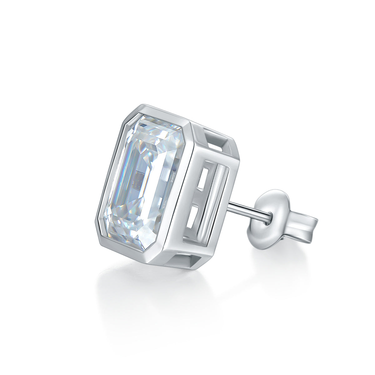 Emerald cut moissanite stud earrings featuring a geometric bezel setting