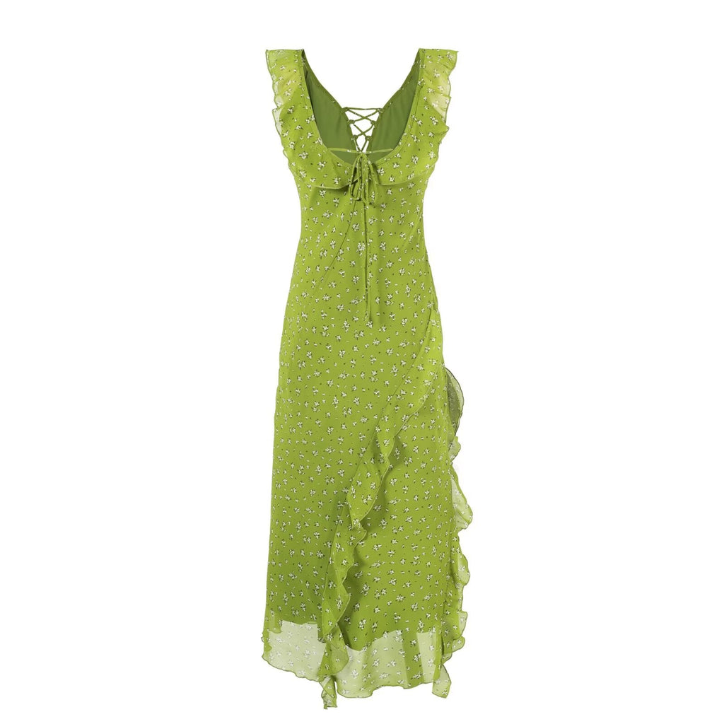 Small Flounced Sleeve Floral Dress Women Summer Dopamine Tight Waist Dress