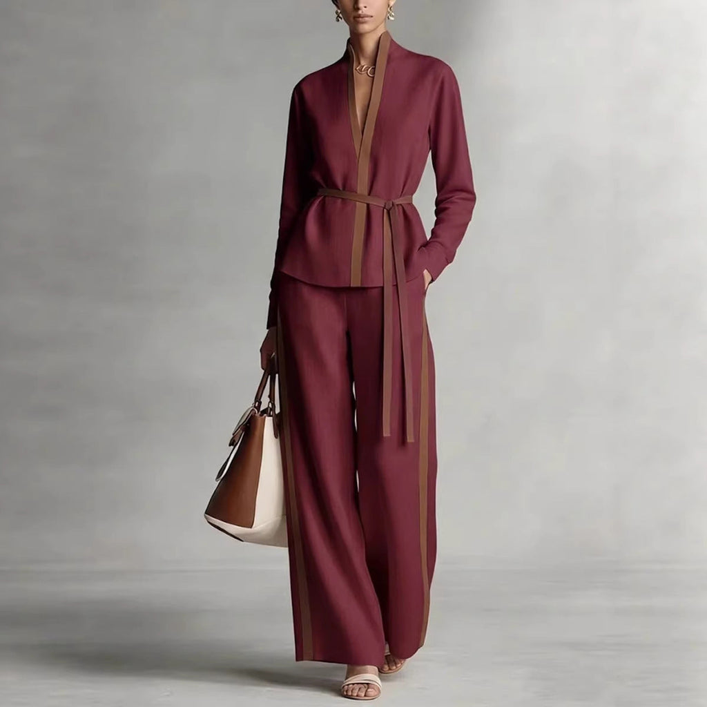 Women’s Contrast Trim Belted Cardigan and Wide Leg Pants Set - Image 2