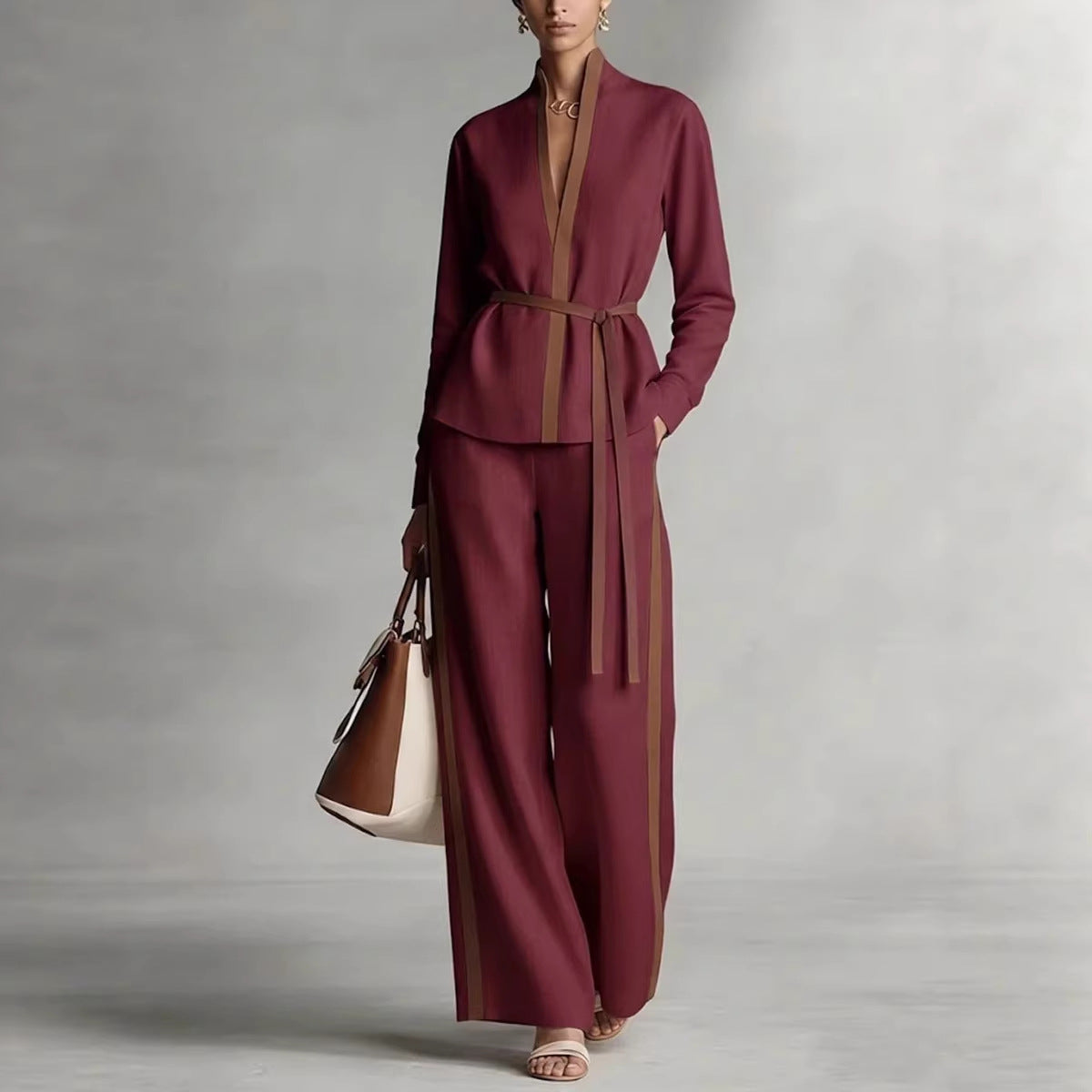 Women’s Contrast Trim Belted Cardigan and Wide Leg Pants Set - Image 2