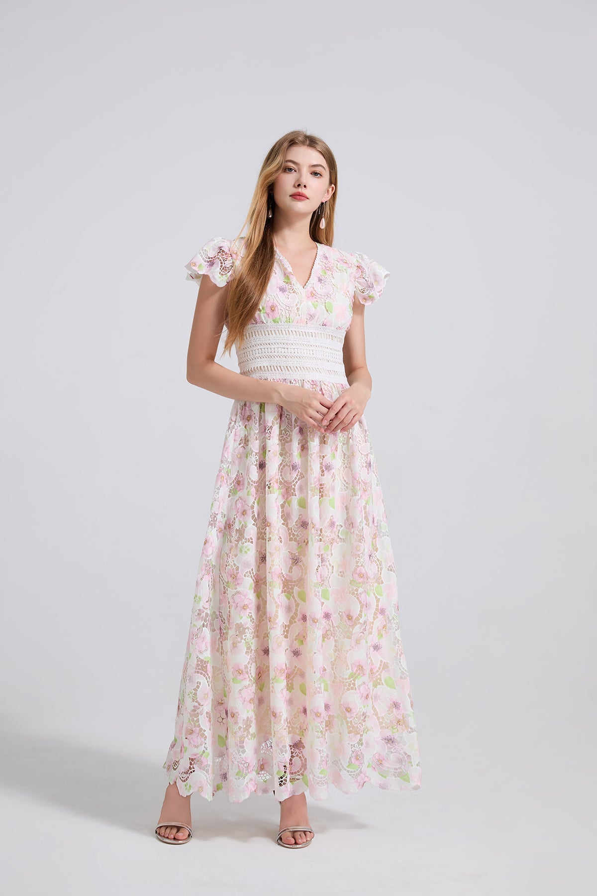 Three Dimensional Cut Out Floral Lace Applique Flutter Sleeves High Waisted Dress Figure Hugging A Line Dress