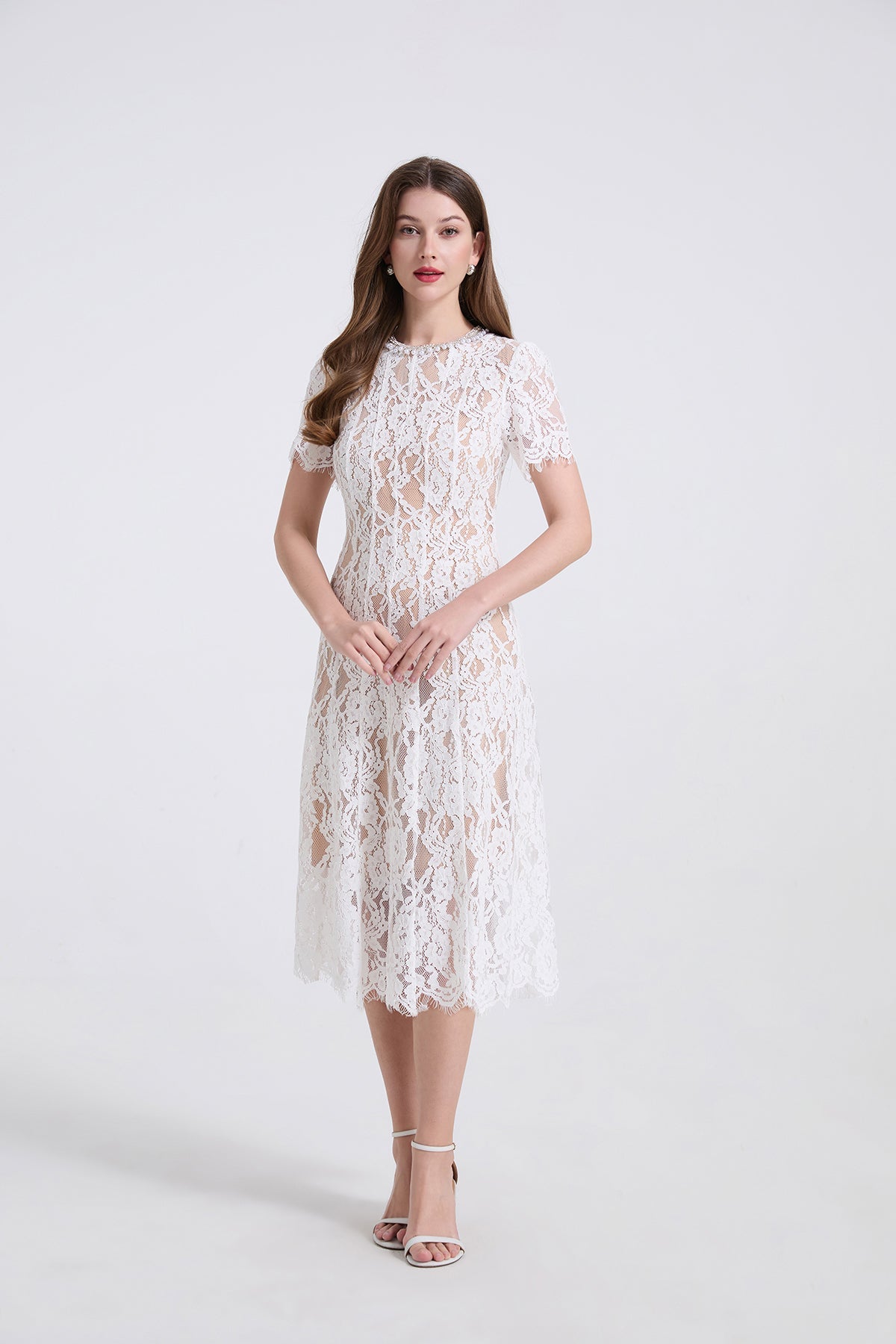 Spring And Summer Elastic Lace Pearl And Diamond Decorated Round Neck Short Sleeve Dress Slim A Line Dress