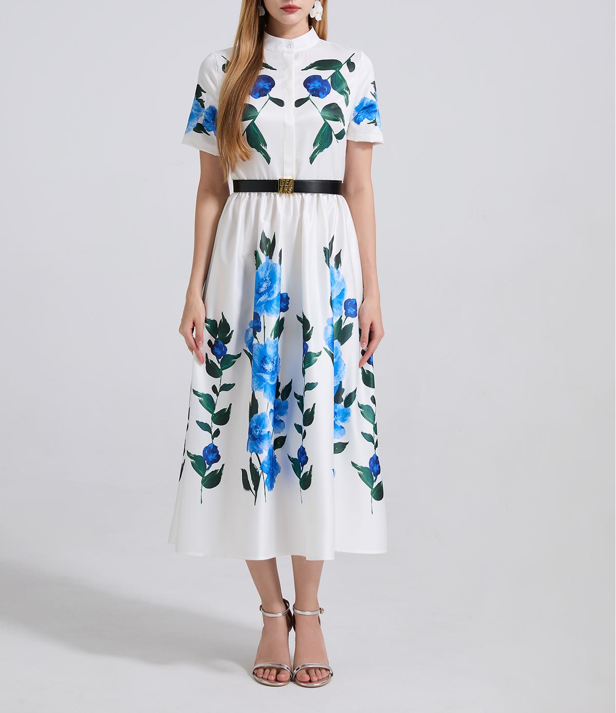 Summer Printed Fitted Dress With High Waist And Short Sleeves A Shaped Dress Comes With A Belt
