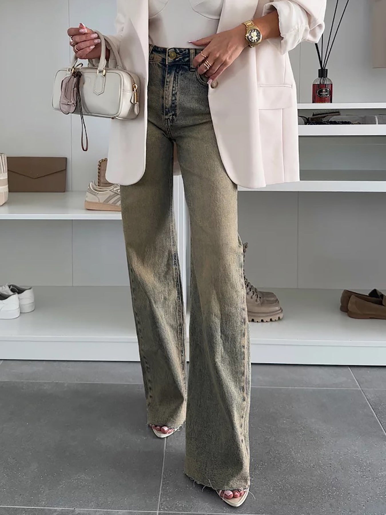 Heavy Industry Wash Slim Stretch Denim Straight Wide Leg Mop Trousers