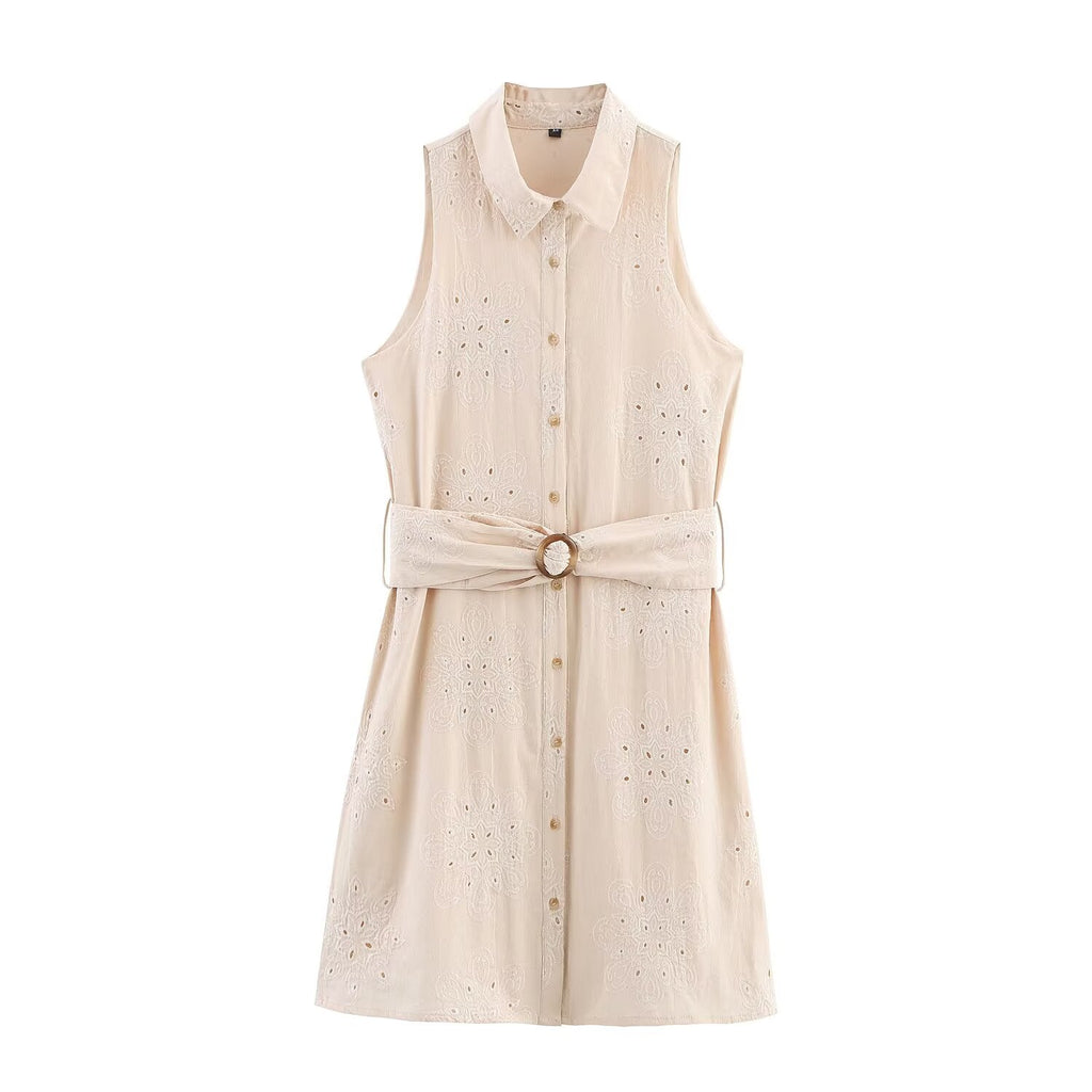 Women Clothing Summer Office Sleeveless Hollow Out Cutout Embroidery Short Dress