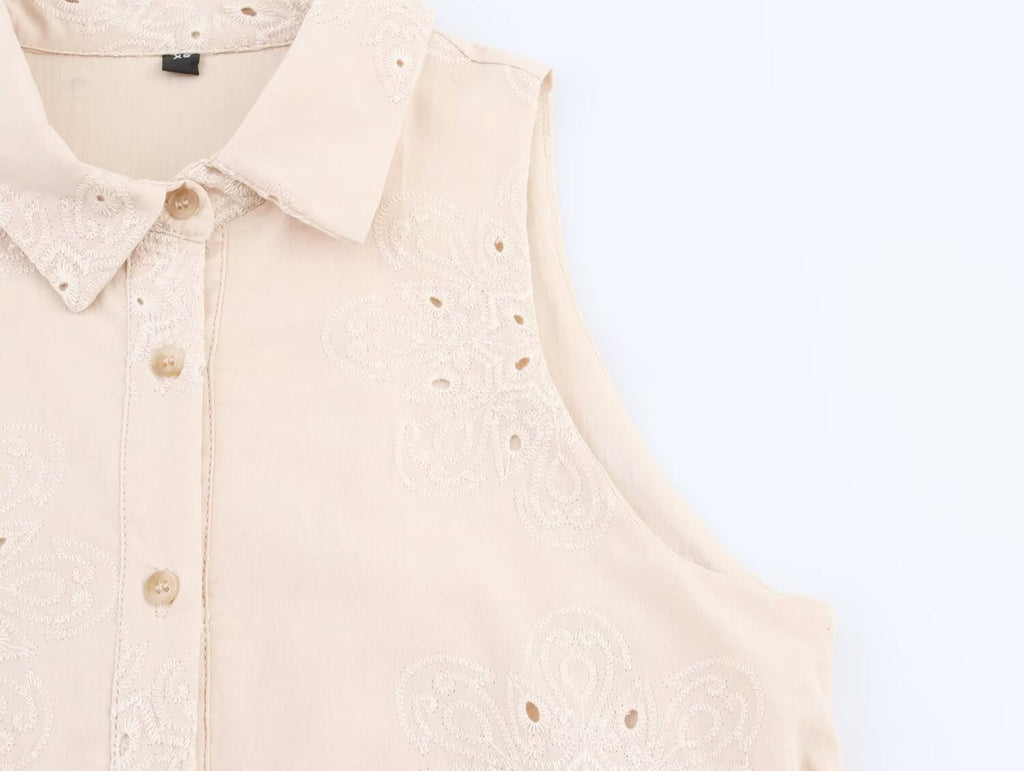 Women Clothing Summer Office Sleeveless Hollow Out Cutout Embroidery Short Dress