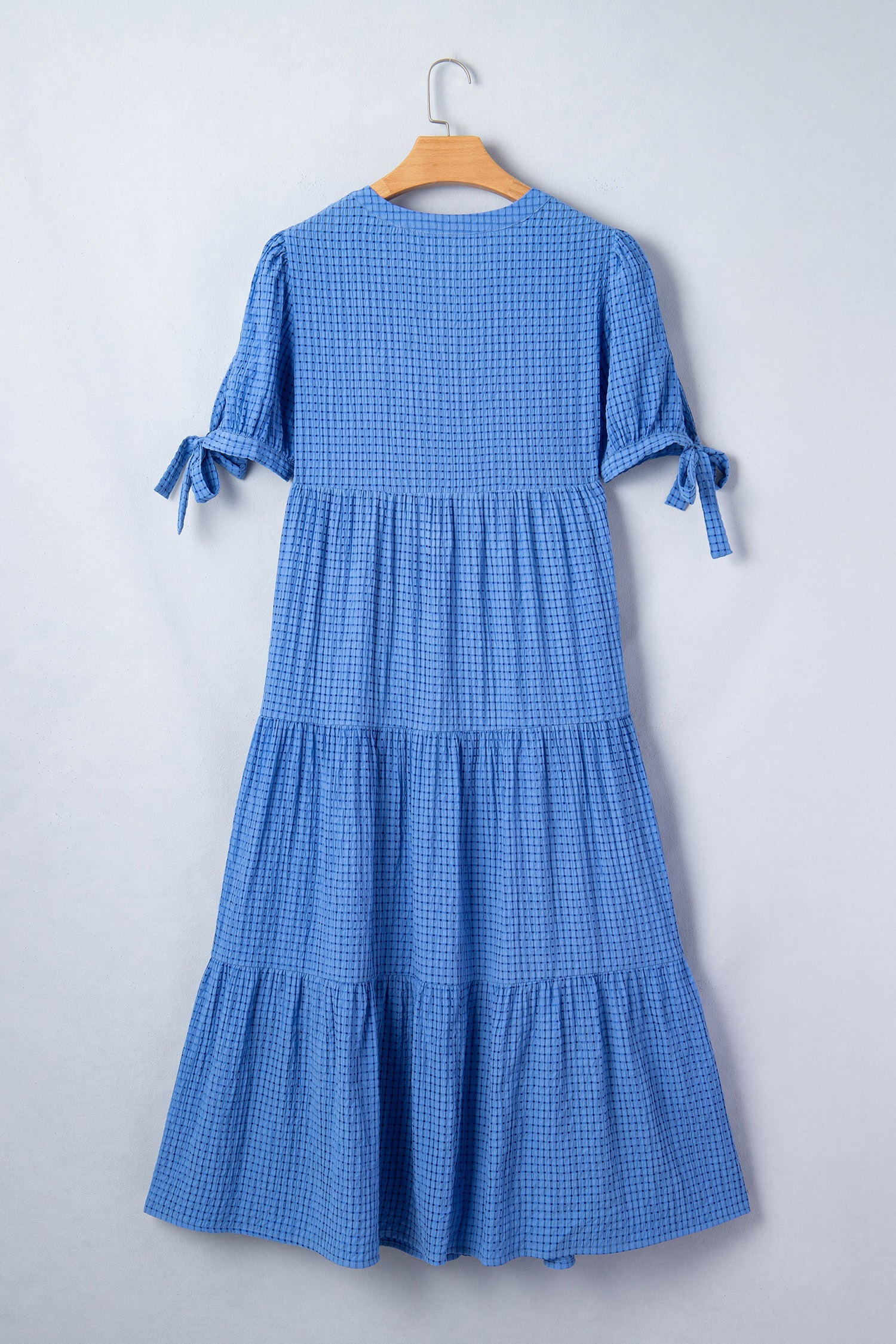 Women's Light Blue Gingham Tiered Midi Dress