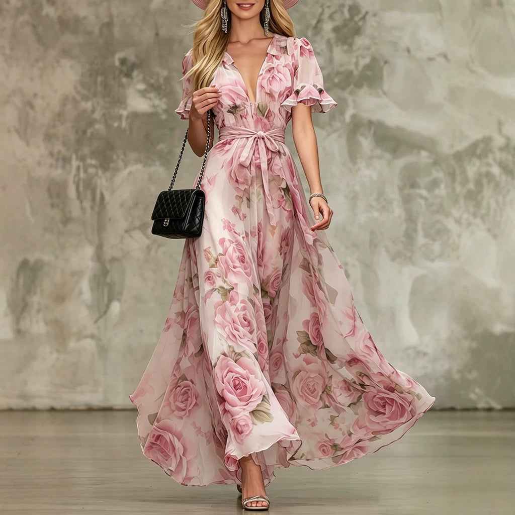 Women's Floral Chiffon Maxi Dress with Ruffle Sleeves & Tie Waist