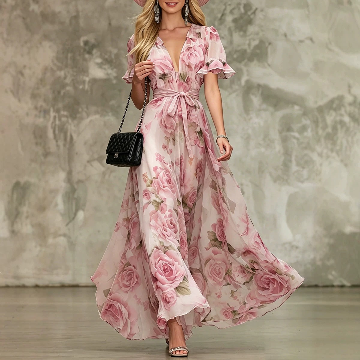 Women's Floral Chiffon Maxi Dress with Ruffle Sleeves & Tie Waist