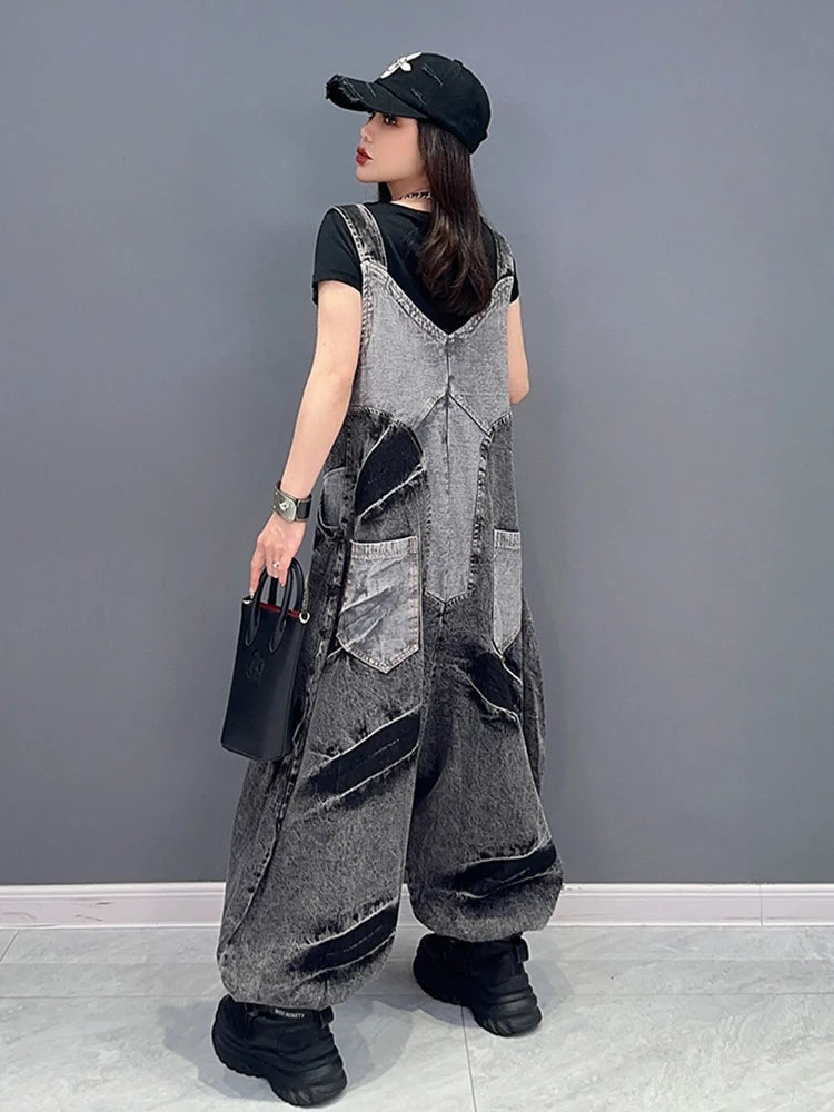 Women's Washed Black Denim Patchwork V-Neck Loose Jumpsuit - Image 4