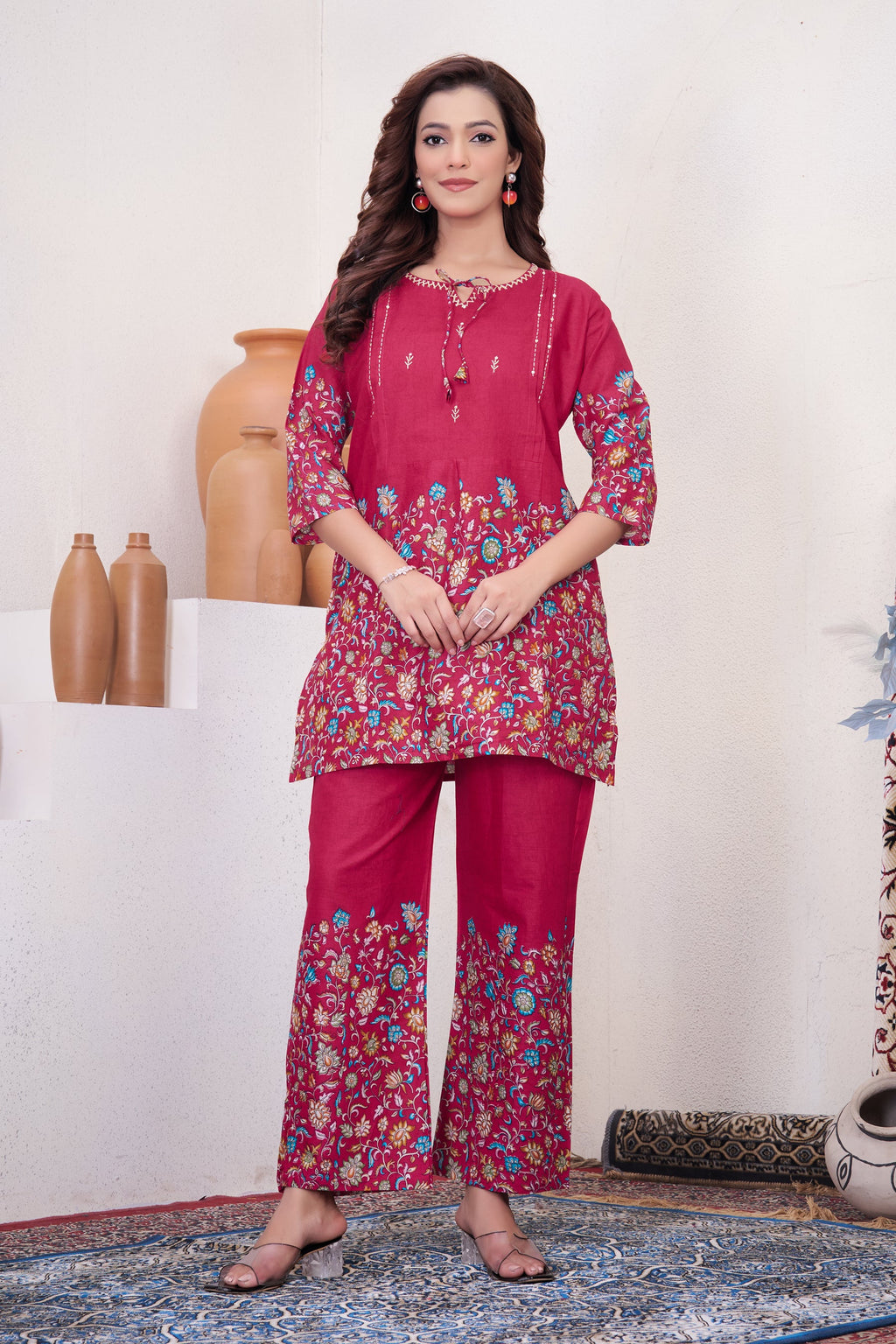 Elegant pink pure cotton co-ord set with trendy printed design for women