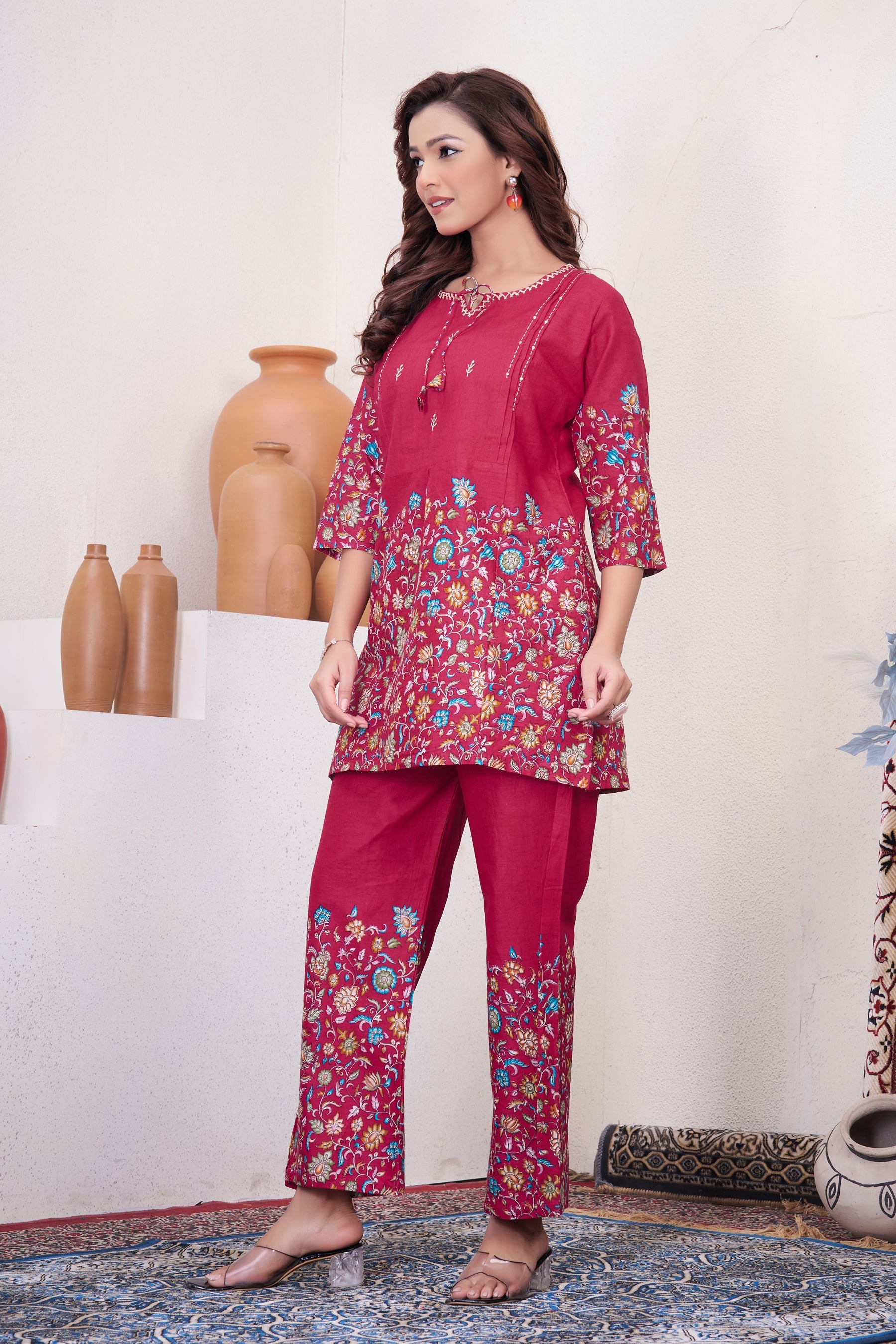 Pink Pure Cotton Printed Co-Ord Set Elegant Trendy Women's Outfit