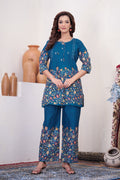 Rama colored pure cotton co-ord set with elegant trendy printed design