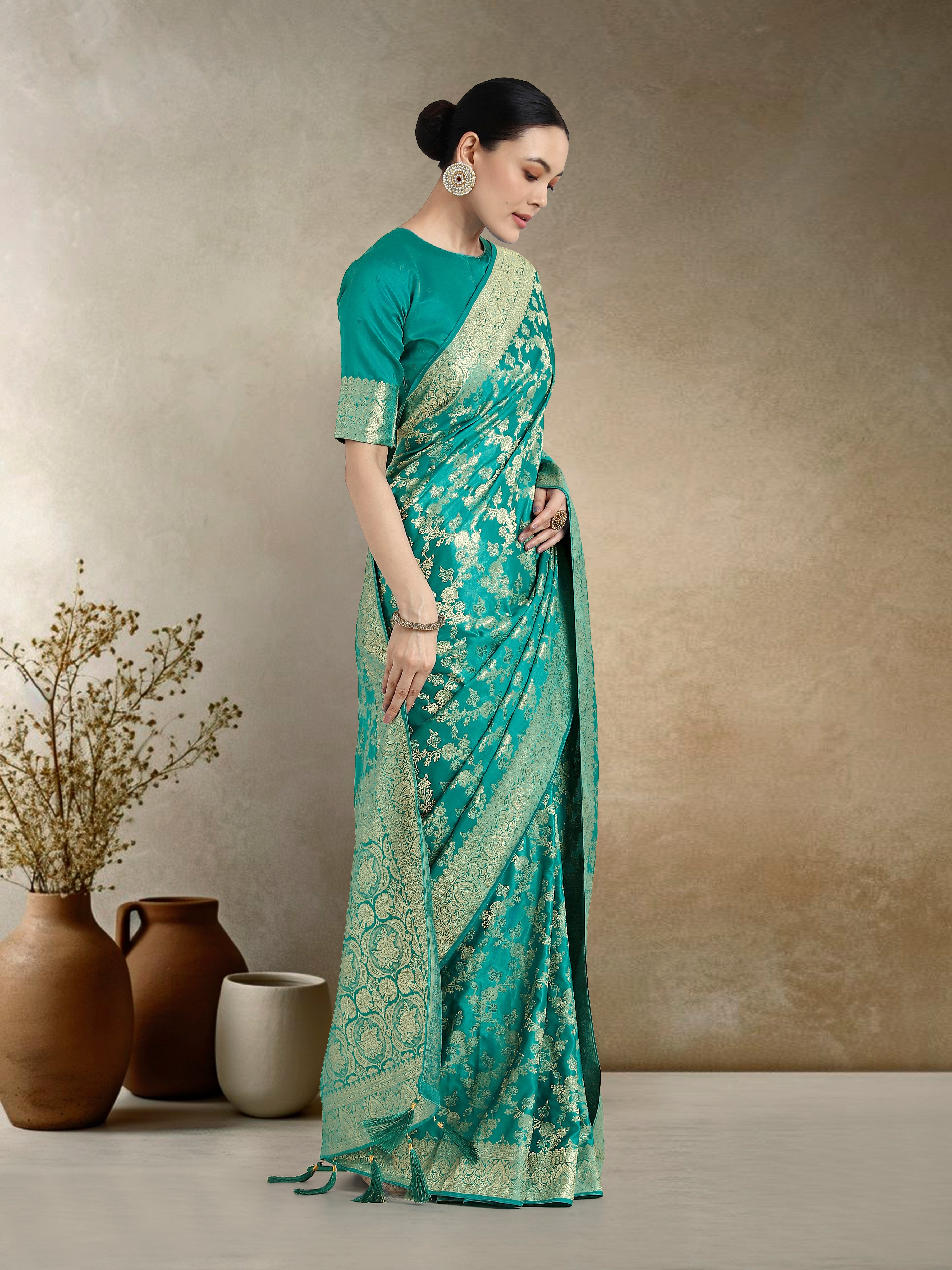 Effervescent Turquoise Soft Banarasi Satin Silk Saree with Blouse