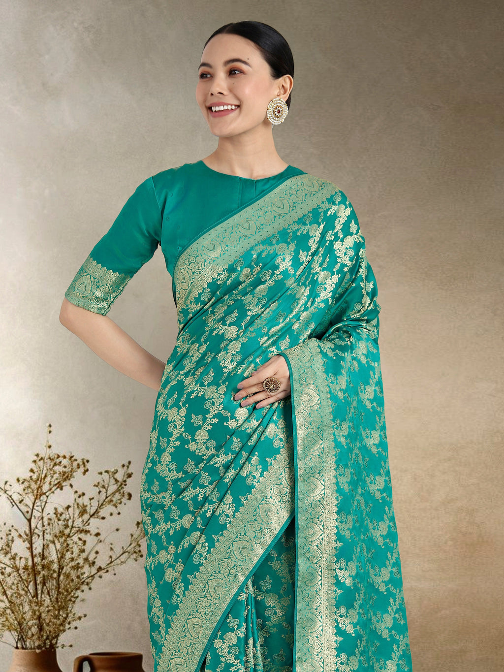 Effervescent Turquoise Soft Banarasi Satin Silk Saree with Blouse
