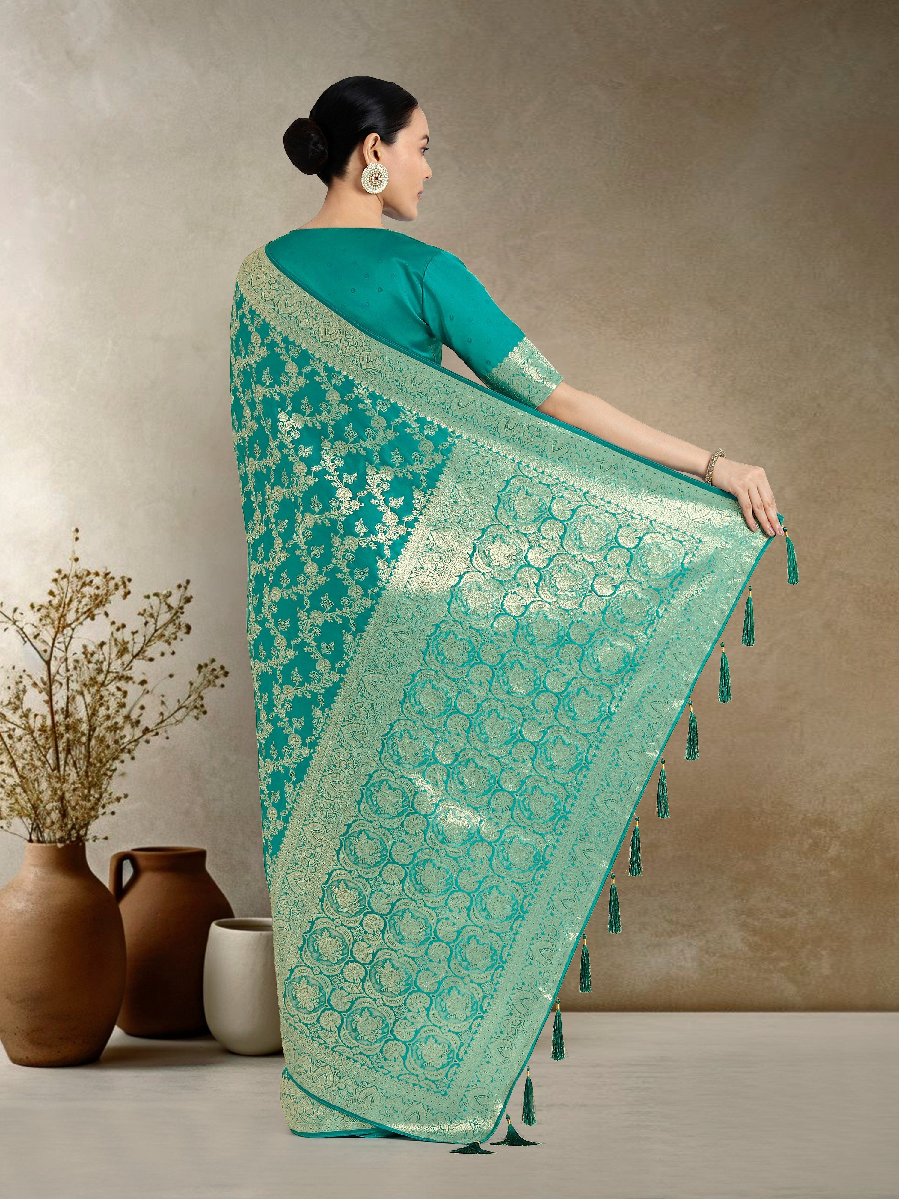 Effervescent Turquoise Soft Banarasi Satin Silk Saree with Blouse