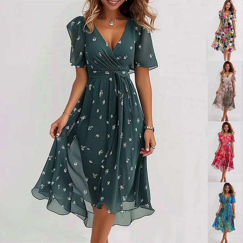 Floral Chiffon V-Neck Short Sleeve Dress for Summer Elegance