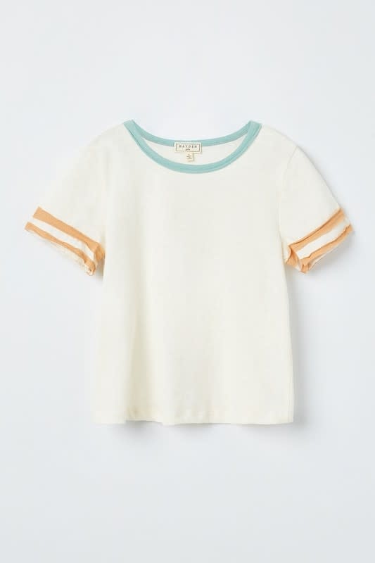 Girls Stripe Sleeve Knit Tee - Off White Comfortable Cotton Top