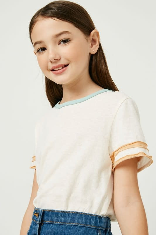 Girls Stripe Sleeve Knit Tee - Off White Comfortable Cotton Top