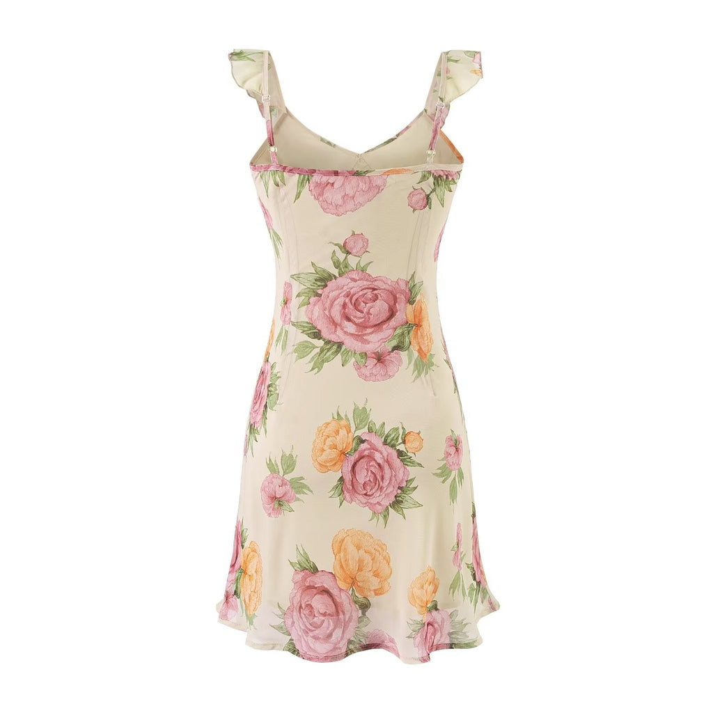 Sweet Printed Chic Ruffled Spaghetti Straps Dress V neck Sexy Backless Mini Dress