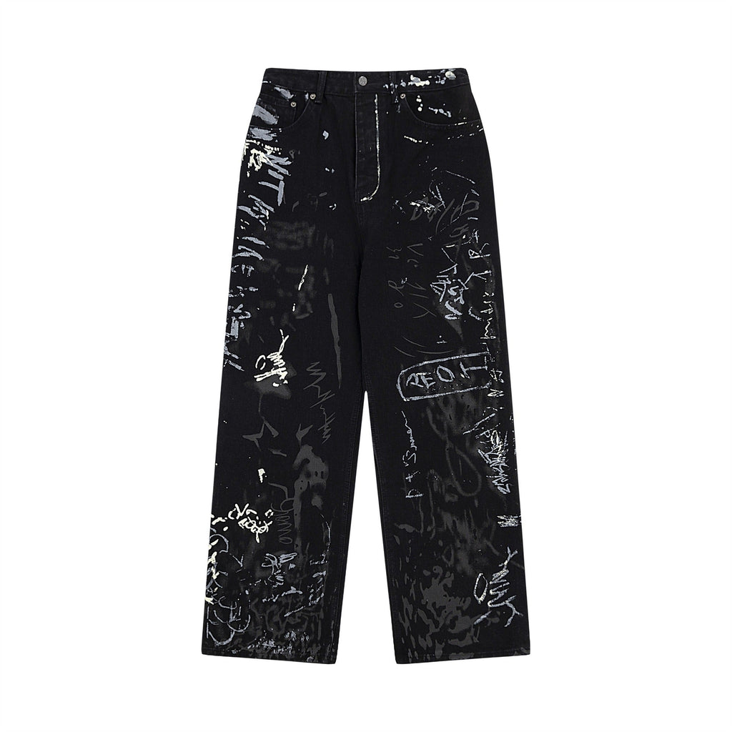 Women's Black Graffiti Print High-Waisted Wide Leg Denim Jeans - Image 5