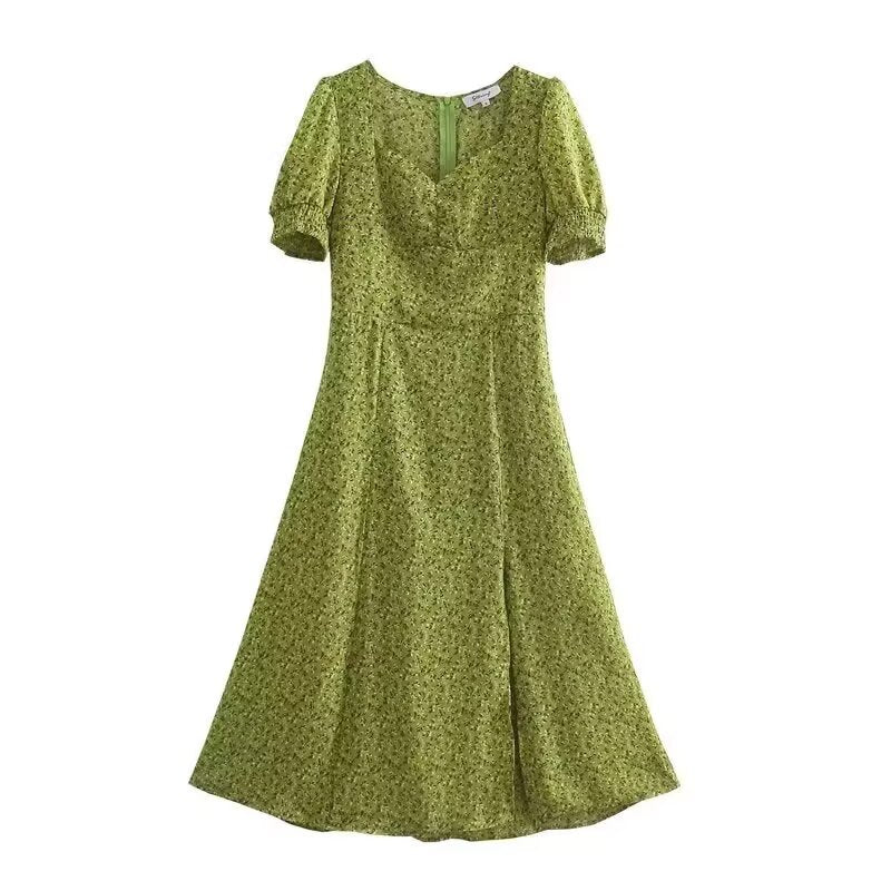 Women Clothing Chest Slit Printed Short Sleeve Dress