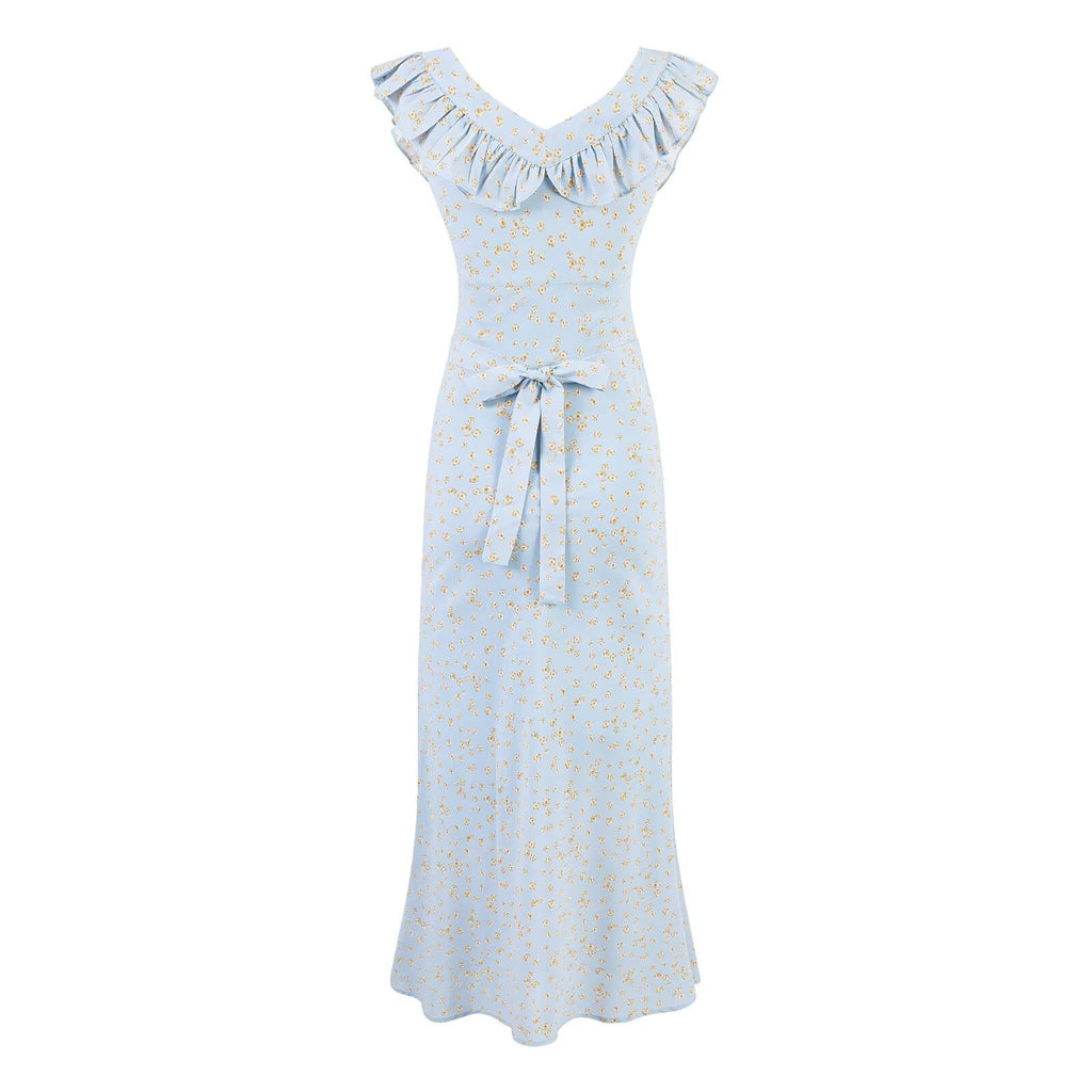Vintage Floral Mid Length Lace Skirt Sexy Slim Ruffle Collar Summer Vacation Spaghetti Straps Dress