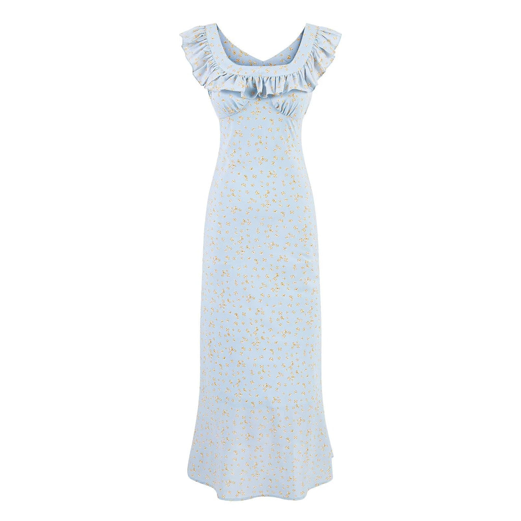 Vintage Floral Mid Length Lace Skirt Sexy Slim Ruffle Collar Summer Vacation Spaghetti Straps Dress