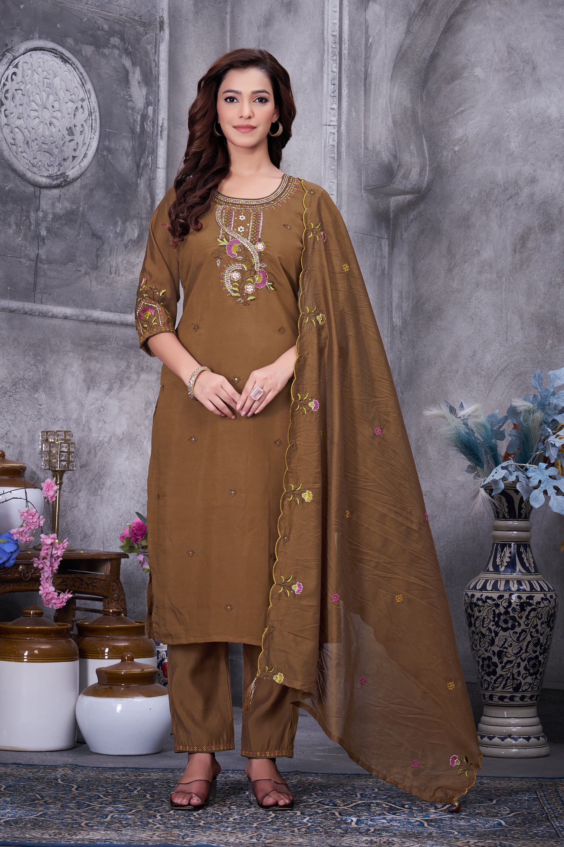 Brown Roman Silk kurta pant set with multi-thread embroidery and dupatta