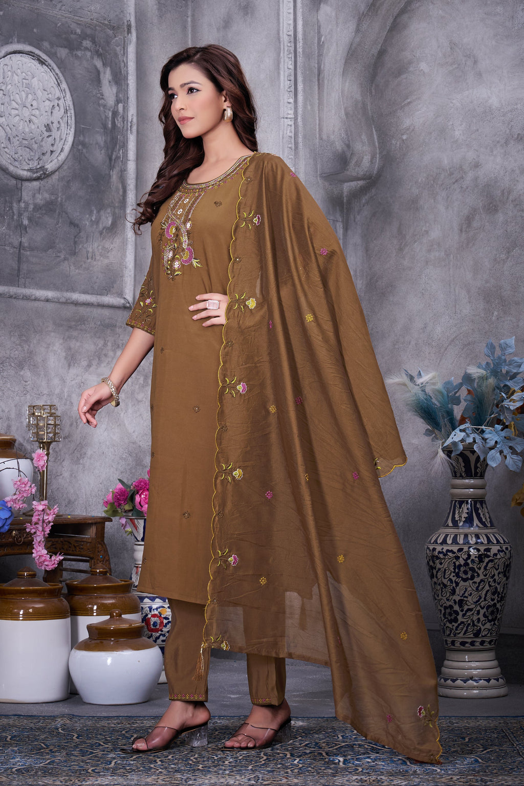 Brown Roman Silk Kurta Pant Set with Multi-Thread Hand Embroidery