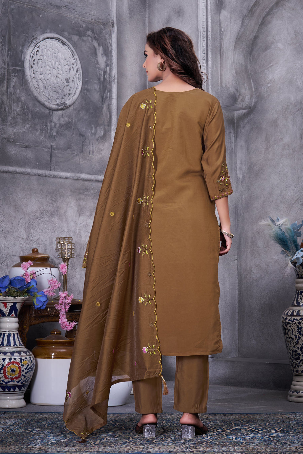 Brown Roman Silk Kurta Pant Set with Multi-Thread Hand Embroidery
