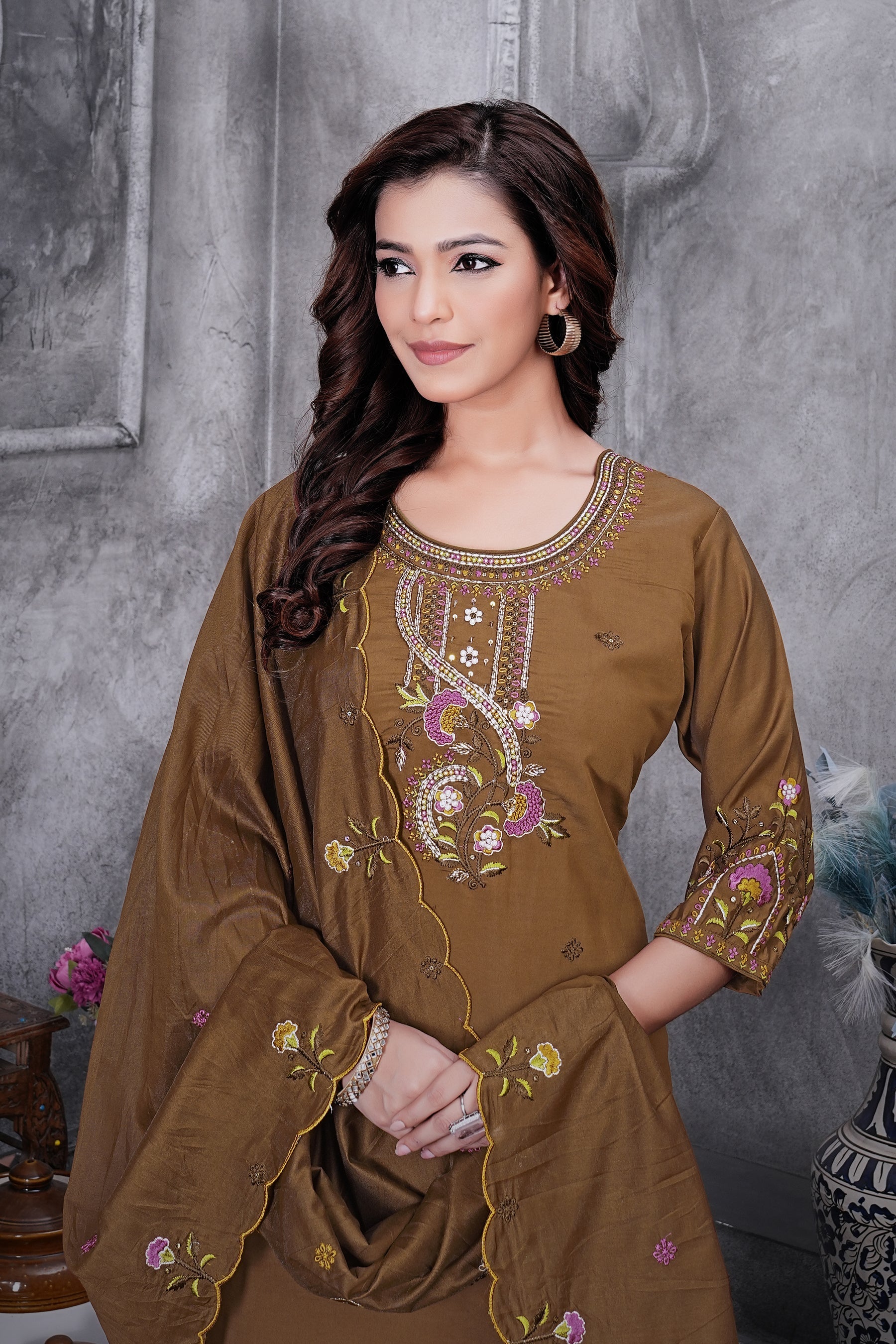 Brown Roman Silk Kurta Pant Set with Multi-Thread Hand Embroidery