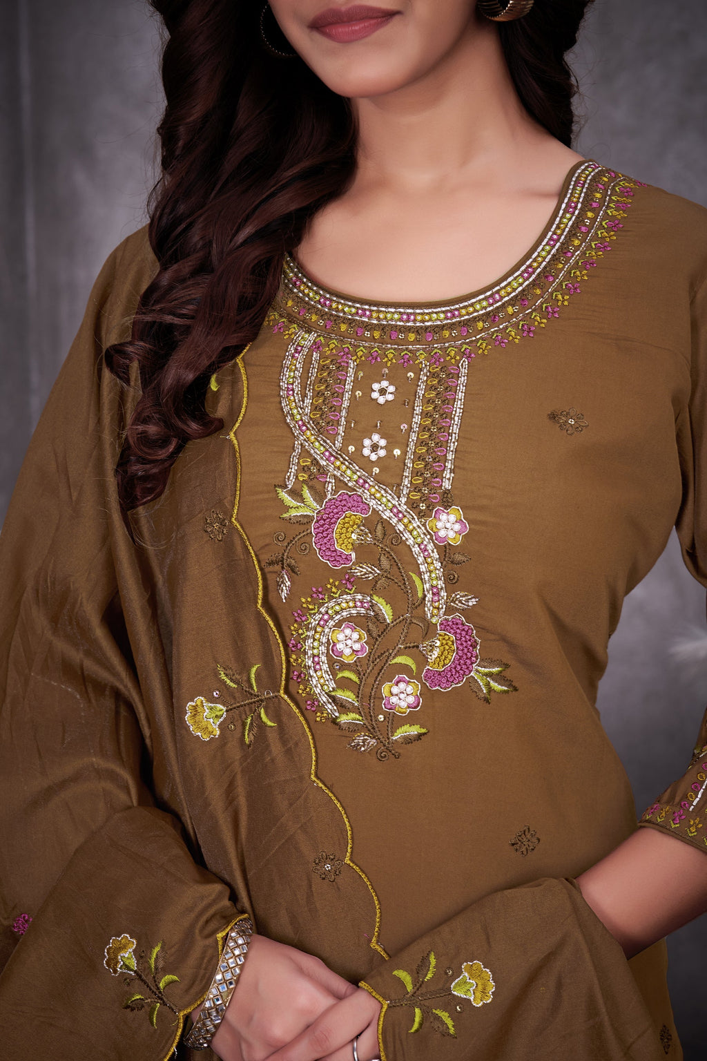 Brown Roman Silk Kurta Pant Set with Multi-Thread Hand Embroidery
