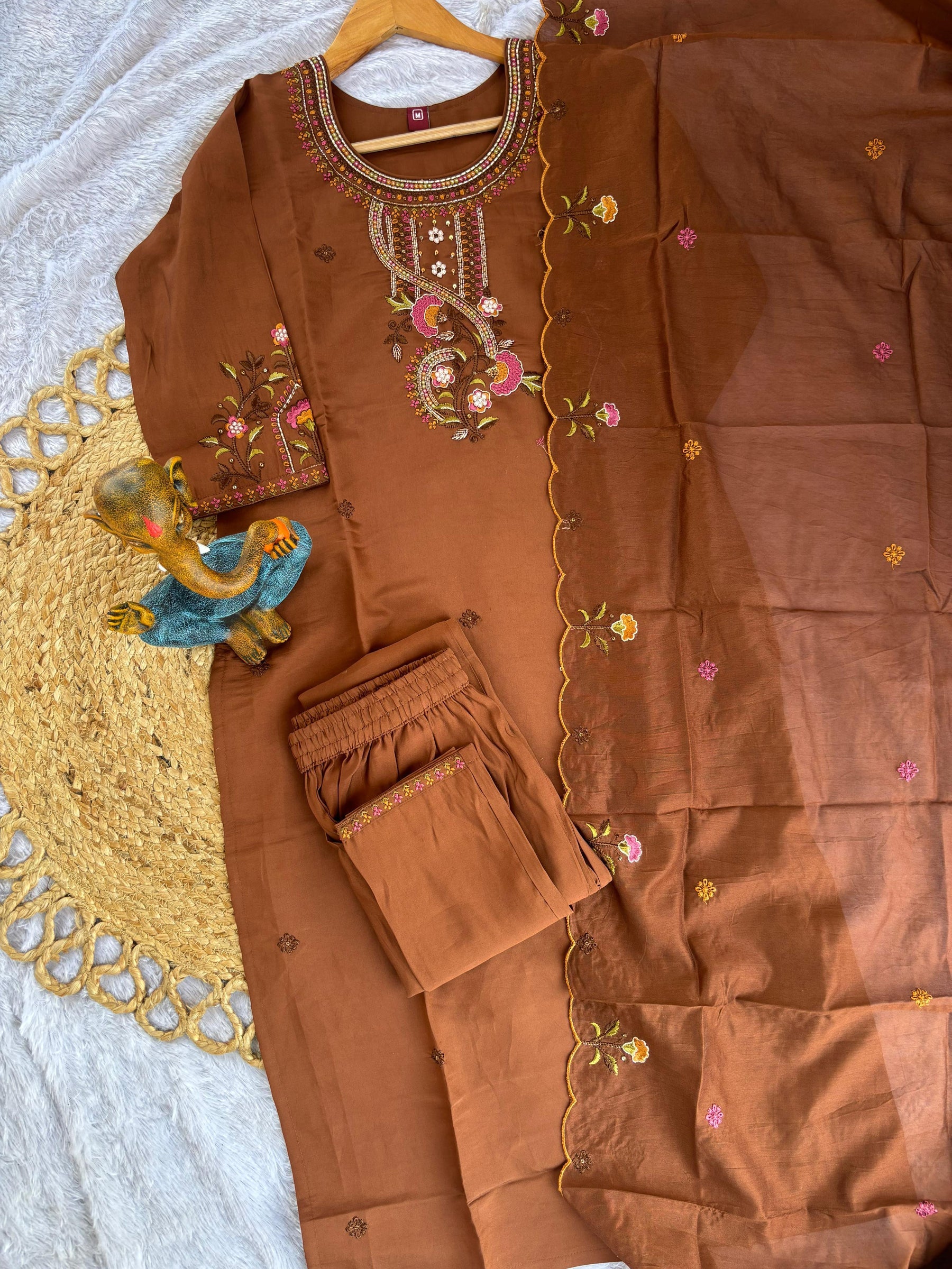 Brown Roman Silk Kurta Pant Set with Multi-Thread Hand Embroidery