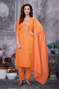Orange Roman Silk kurta pant set with intricate multi-thread hand embroidery