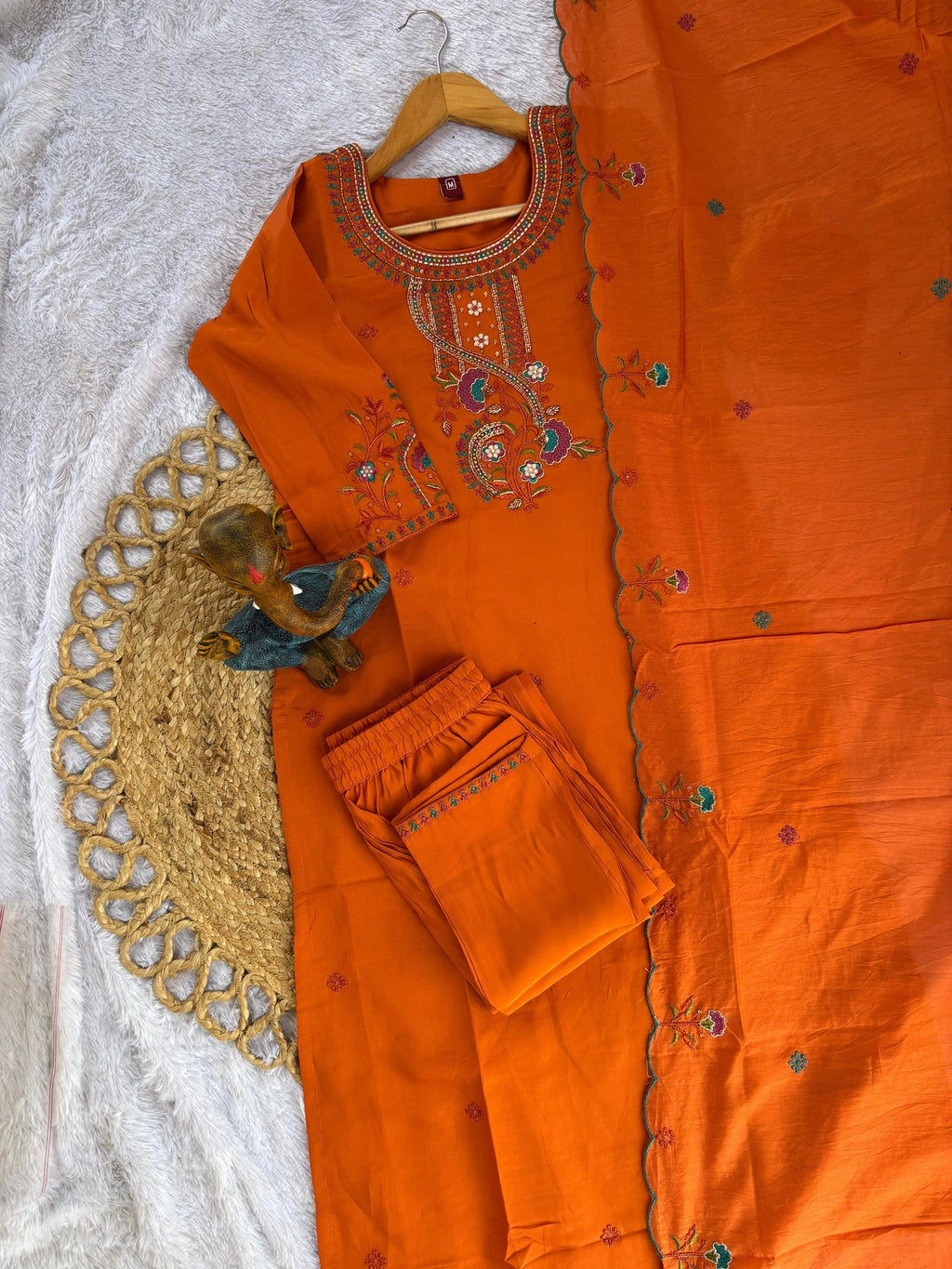 Orange Roman Silk Kurta Pant Set with Multi-Thread Hand Embroidery