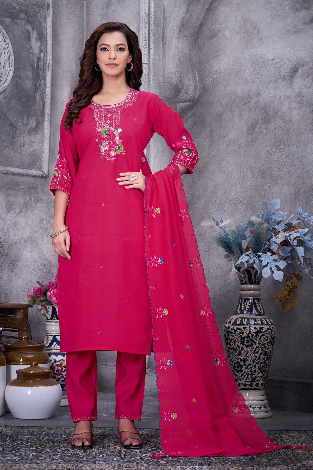 Ranipink Roman Silk Kurta Pant Set with Multi Thread Embroidery