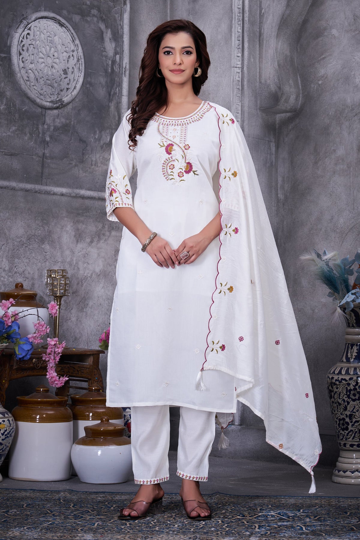 White Roman Silk Kurta set with multi-colored thread embroidery and detailed hand work