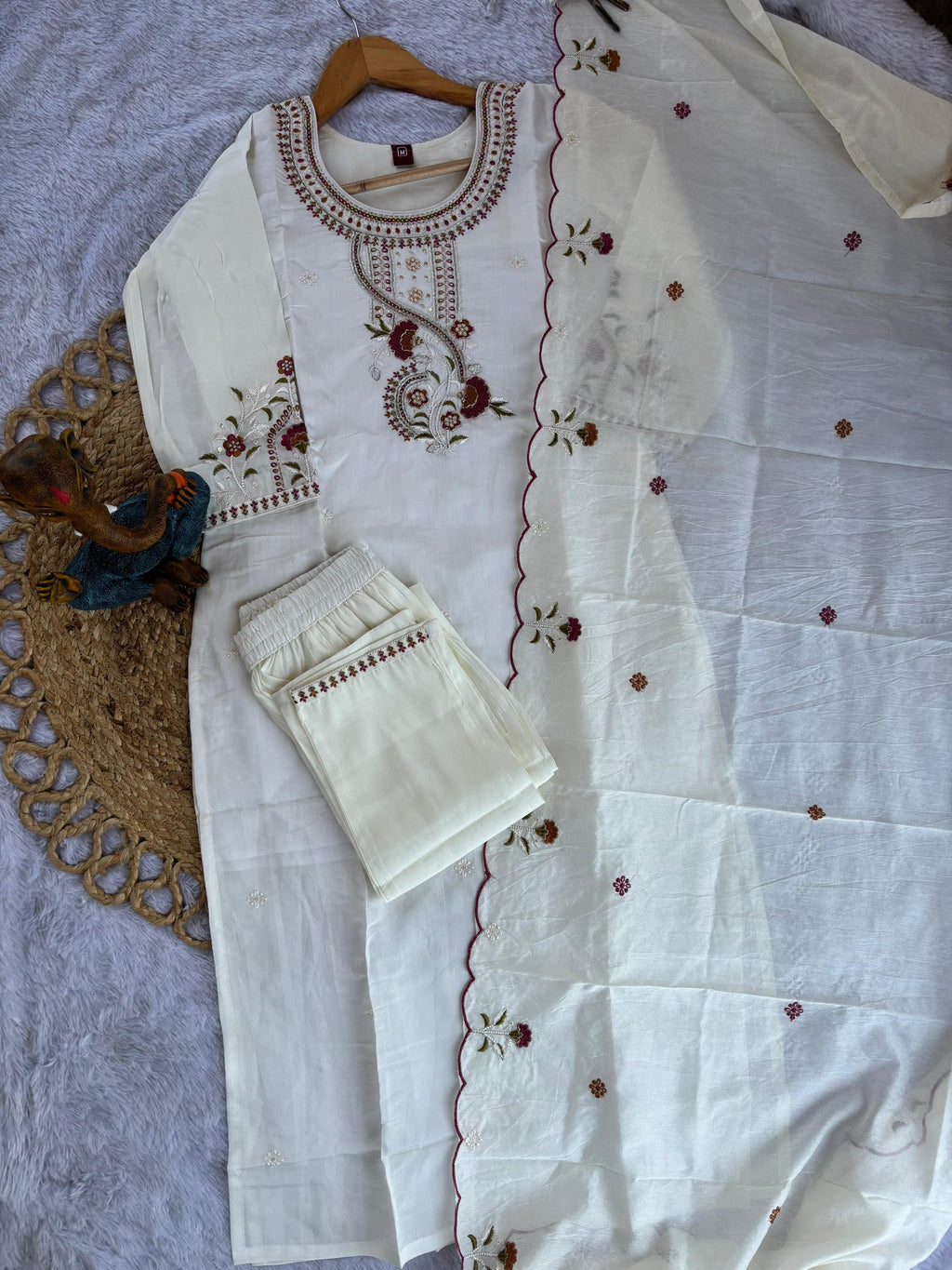 White Roman Silk Kurta Set with Multi Embroidery and Hand Work