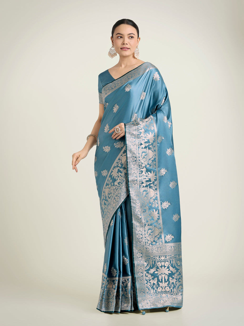 Cyan Blue Banarasi Satin Silk Saree featuring traditional Zari woven patterns