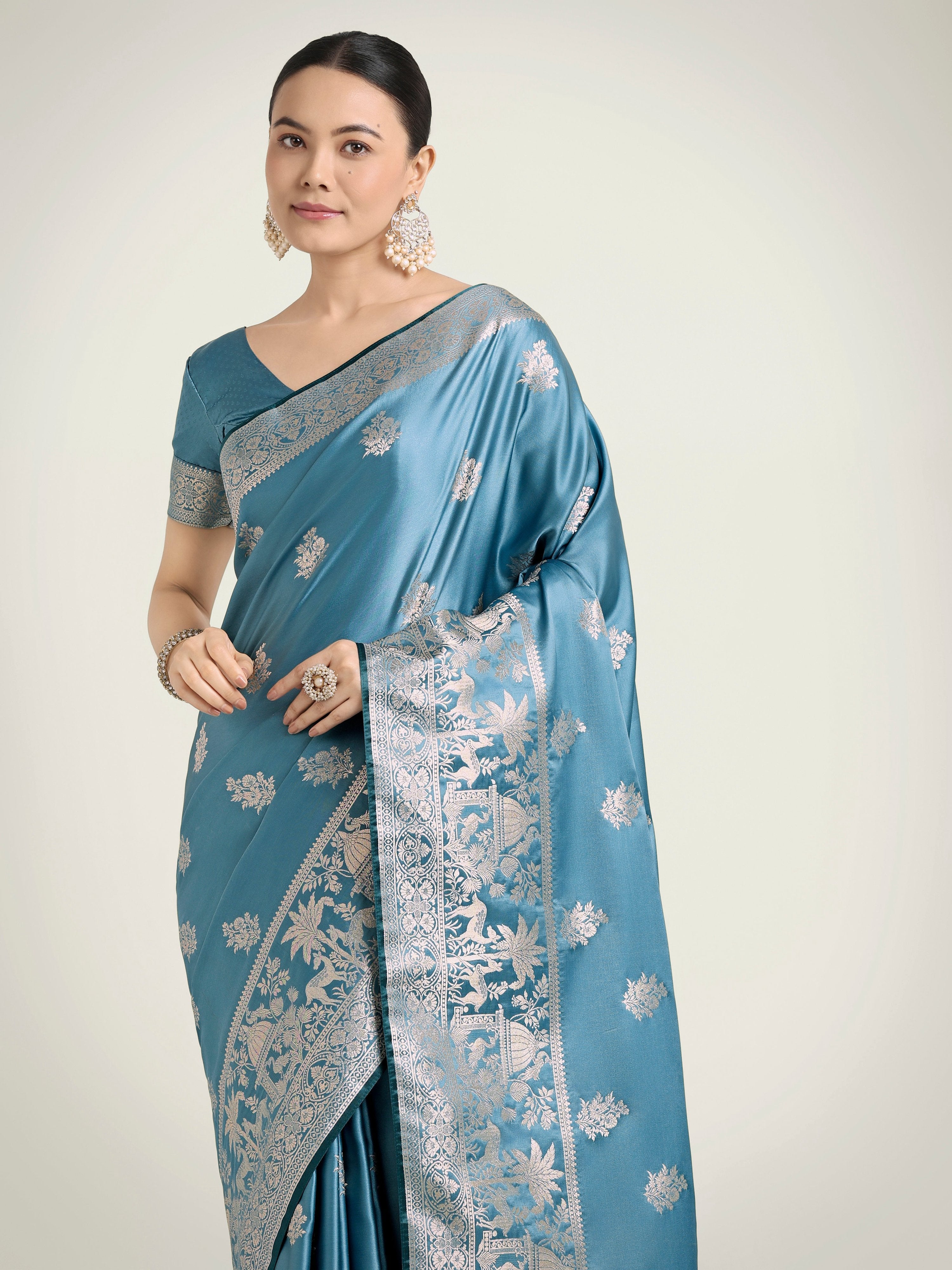 Cyan Blue Banarasi Satin Silk Saree with Zari Weaving Work