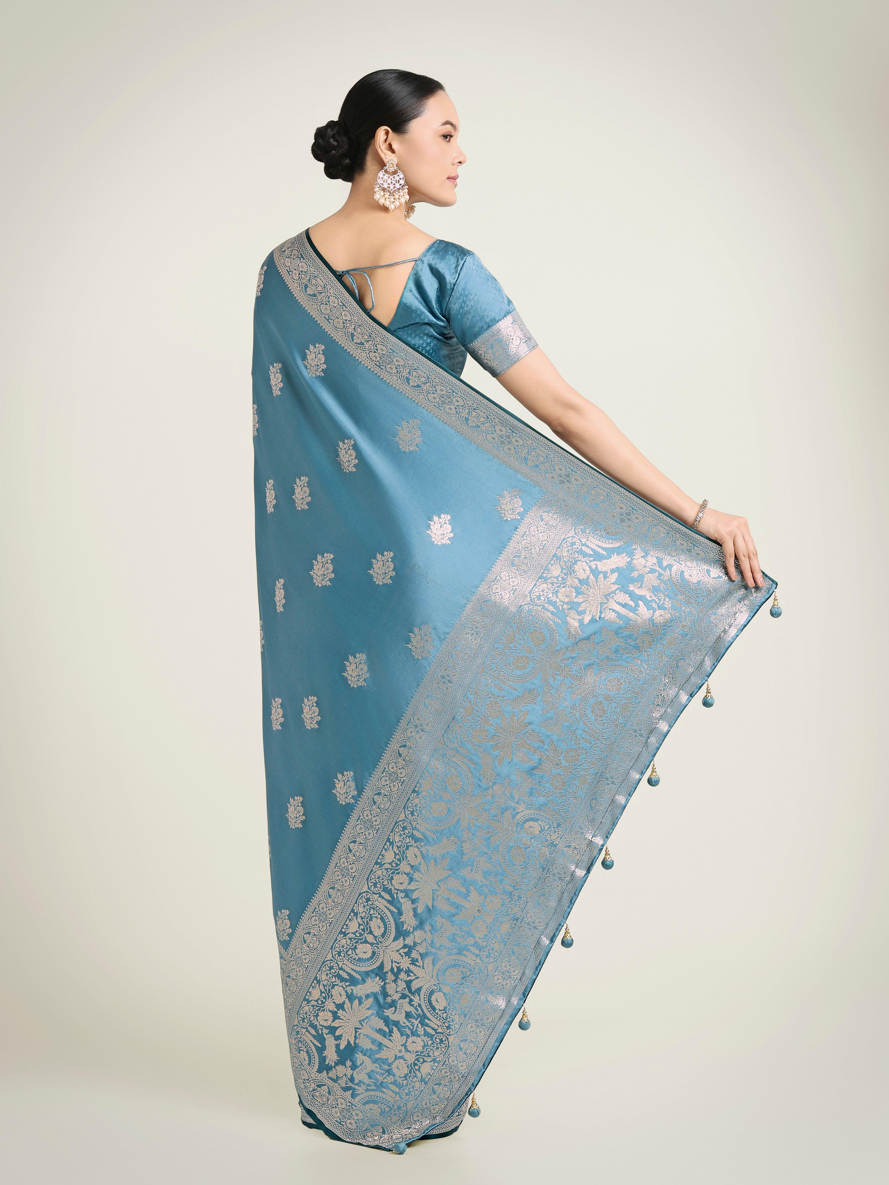 Cyan Blue Banarasi Satin Silk Saree with Zari Weaving Work