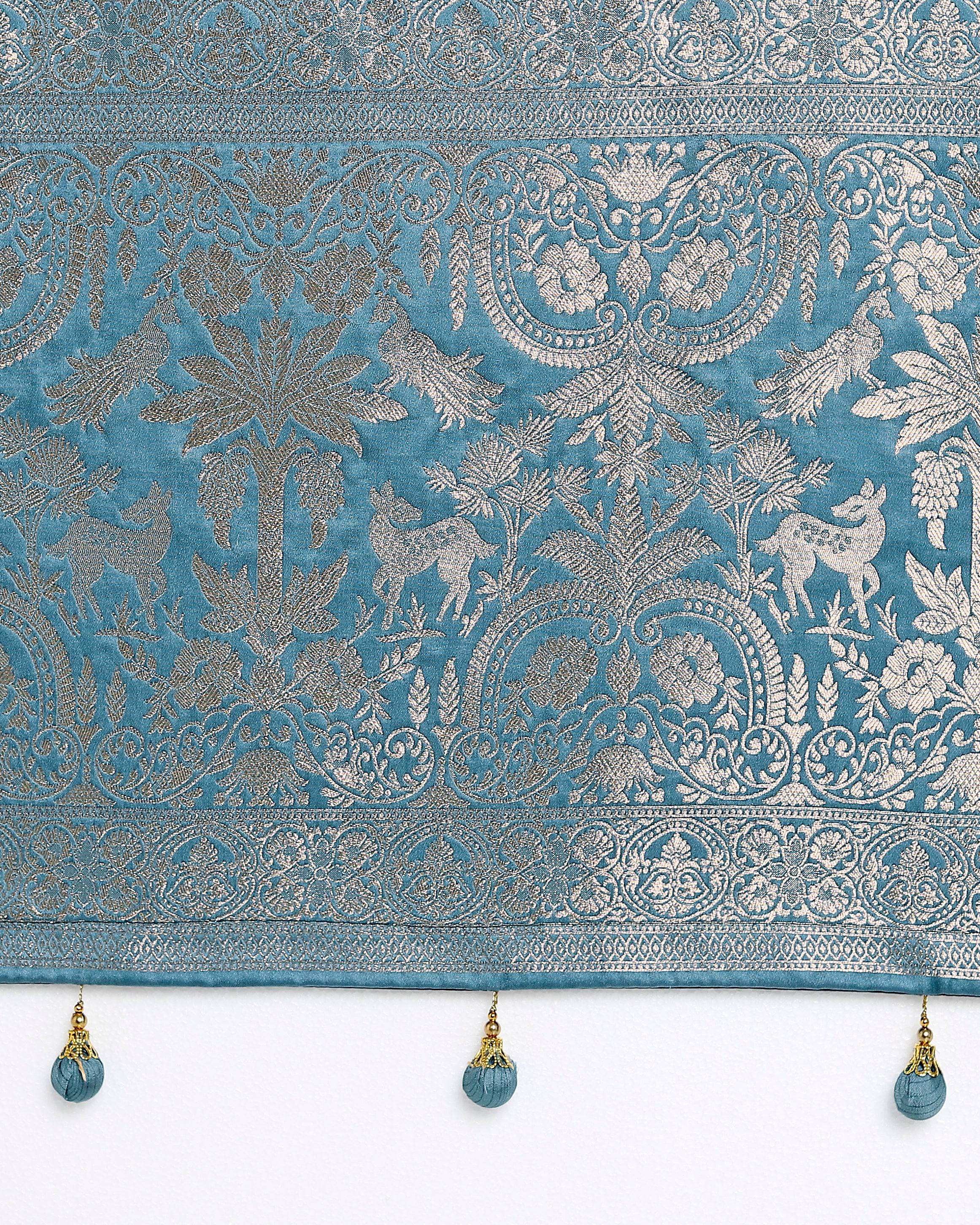 Cyan Blue Banarasi Satin Silk Saree with Zari Weaving Work