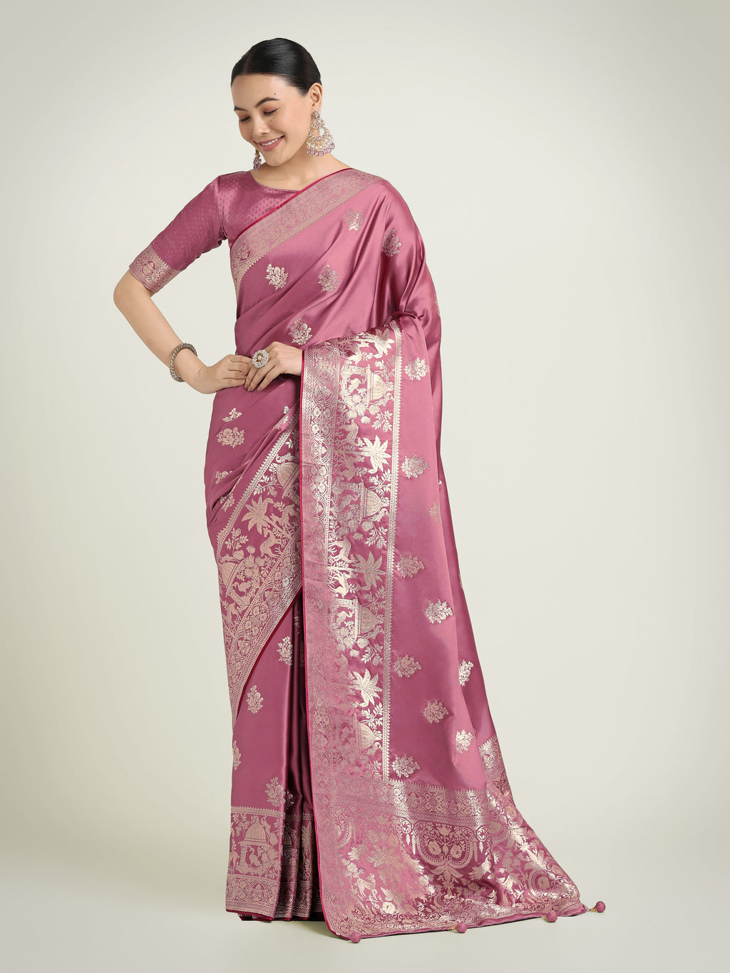 Dusty pink Banarasi satin silk saree with Zari weaving