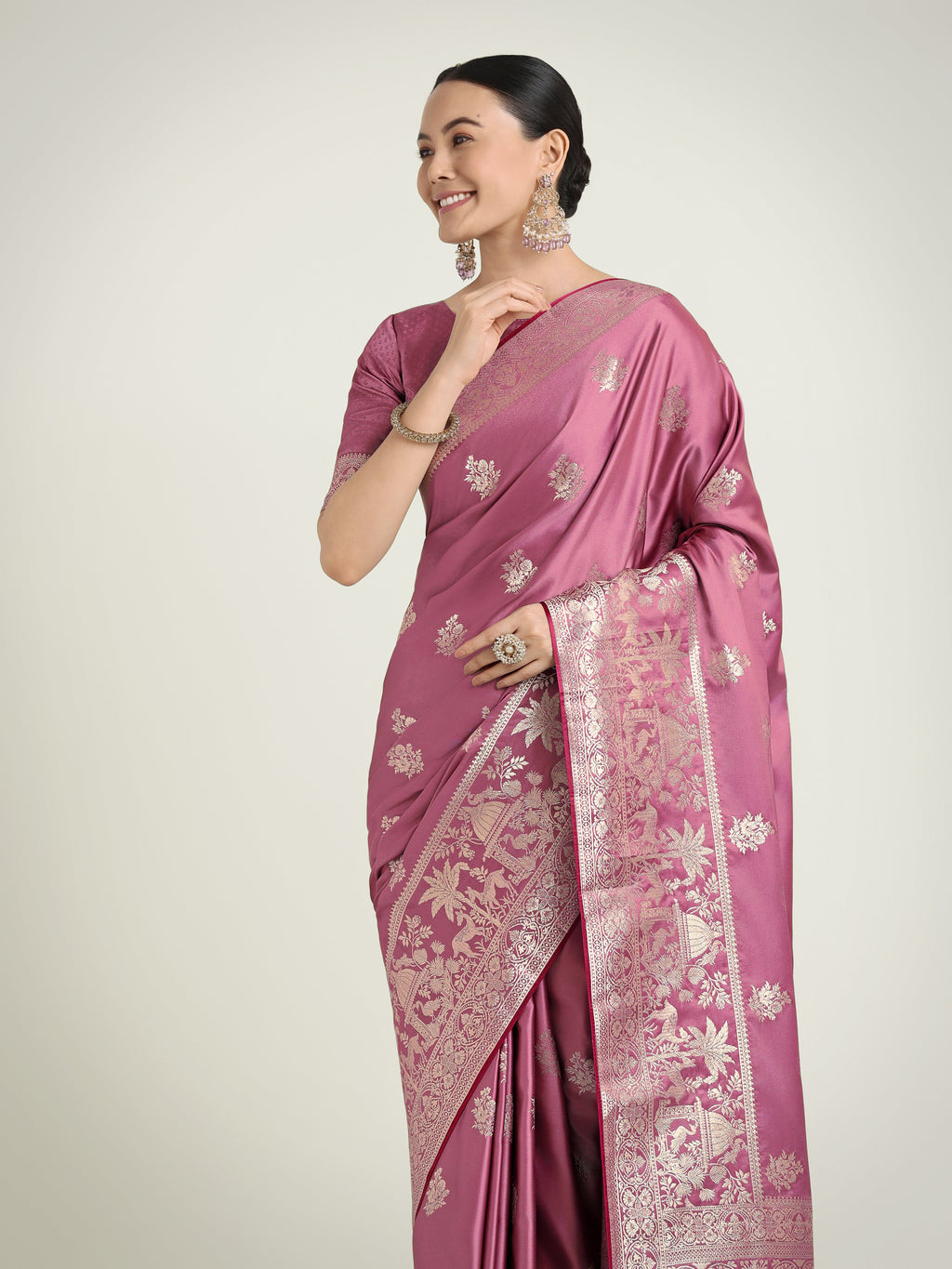 Dusty Pink Traditional Banarasi Satin Silk Saree with Zari